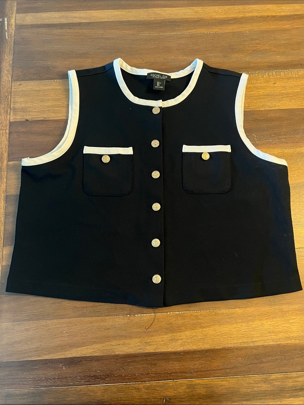 Rachel Zoe Black Sleeveless Button-Front Top with White Trim